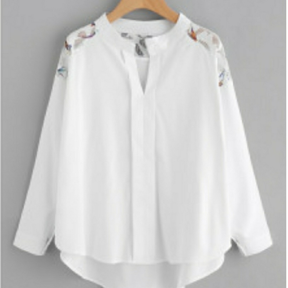 White Lace Panel Shoulder Dip Hem Blouse